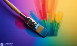 the image has an abstract rainbow background and there is a paint brush with the same color as it is