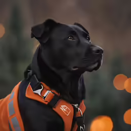 a black dog with a orange vest looking to the left