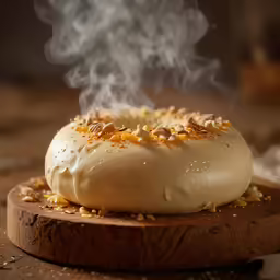 a cream dessert on a wooden stand covered in nuts and topped with white cream