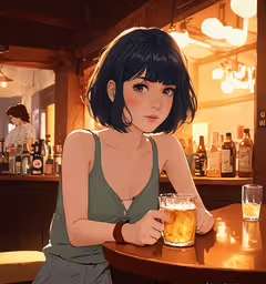a woman is holding a beer while sitting at a bar,an anime woman sitting at a table with a beer