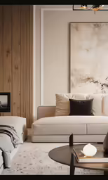 living room with a couch, tv and painting on the wall