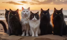 several cats are sitting on the beach at sunset