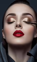 an elegant lady with eye makeup and a pair of scissors to her face