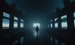 person standing in the middle of a room at night