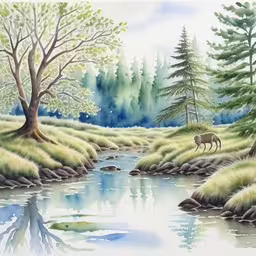 an artist painting of some animals in the water,water scene with deer by trees and grass