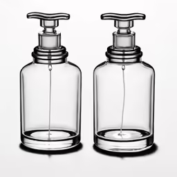 two clear glass soap dispensers one with nozzles