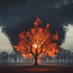 a massive tree on a grassy field has the sun behind it
