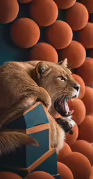 there is a lion lying on a table next to orange balls