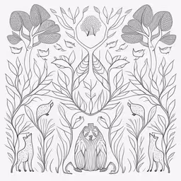 a drawing of some animals and trees