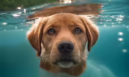 a dog in the water under a pool looking up