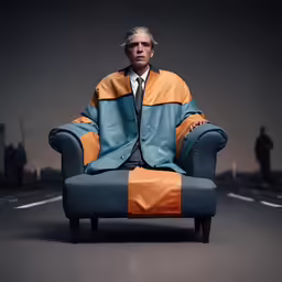 a man is sitting on a blue sofa