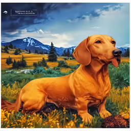 a painting of a large brown dog sitting in grass