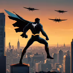 an image of an batman with four jet planes in the background,a man in a batman costume jumping into the air