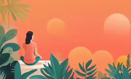 a girl meditating in the middle of an open, colorful tropical jungle