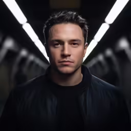 a man in black leather jacket with a dark shirt
