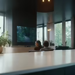two women watching a large tv in a room