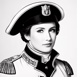 a black and white photo of a woman in military clothing