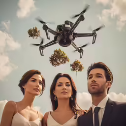 a couple standing next to each other in front of a flying object