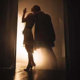man and woman in evening dress silhouetted against door, fog in background