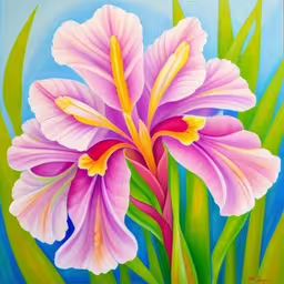 painting of purple flowers in tall grass,a painting of two flowers in the grass,a painting of a pink flower on a blue background,a close up of a painting of a flower,the pink flower is on a blue background