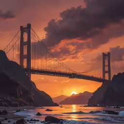 a large suspension bridge over a river at sunset