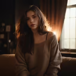 the girl is sitting in a dimly lit room