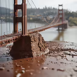 water is floating on a rocky surface below a suspension bridge
