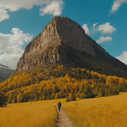 there is a man that is walking down the path