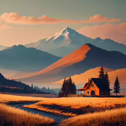 the painting shows a scenic view with mountains in the background,there is a painting on the wall of this house