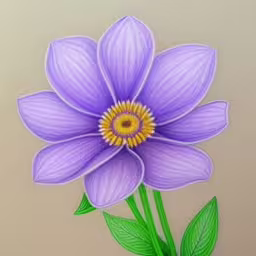 a drawing of a purple flower with green leaves,a drawing of a purple flower with green leaves,a drawing of a purple flower on a wall,a purple flower with green stems is shown,a drawing of a blue flower with a yellow center