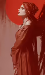 a woman with long hair standing in front of an orange and red sun