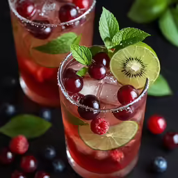 a very pretty drink with ice, cherries and lime