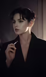 the woman is smoking and holding her cigarette