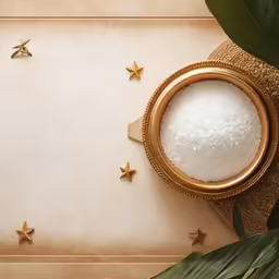 a brass bowl full of star sugar on top of a white background