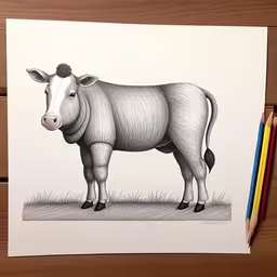 a black and white drawing of a cow,a pencil drawing of a cow standing in a field