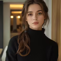 a woman is posing in a black sweater