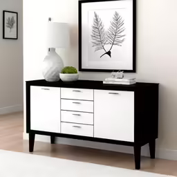 a black and white framed fern poster above a black and white cabinet
