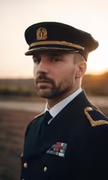 a man in a uniform with medals looks off to his left