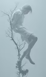 a woman standing on top of a tree with a bird