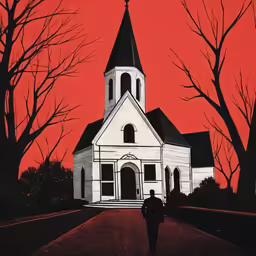 this is a painting of a person walking in front of a church