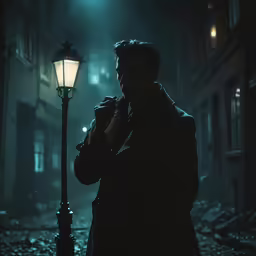 a man in the middle of an alley talking on a phone