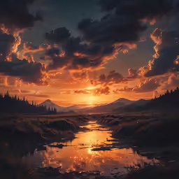 a creek with water in the foreground and clouds in the sky