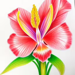 an artistic drawing of a flower on white paper,flower drawing on white paper with red and yellow flowers