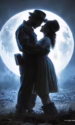 a couple is kissing while standing under the moon
