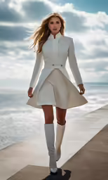 a woman in white dress and boots walking on the beach