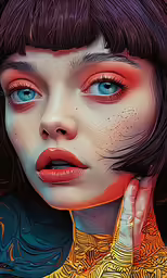 a woman with red makeup is looking at the camera