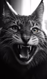 a cat that is looking at something and showing its teeth