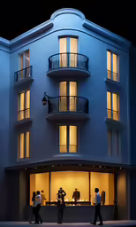 people are walking outside a multi story building at night