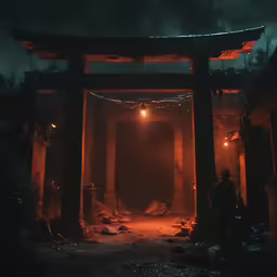 a man stands under an archway at night