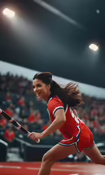 a young woman playing tennis is smiling while holding a racket